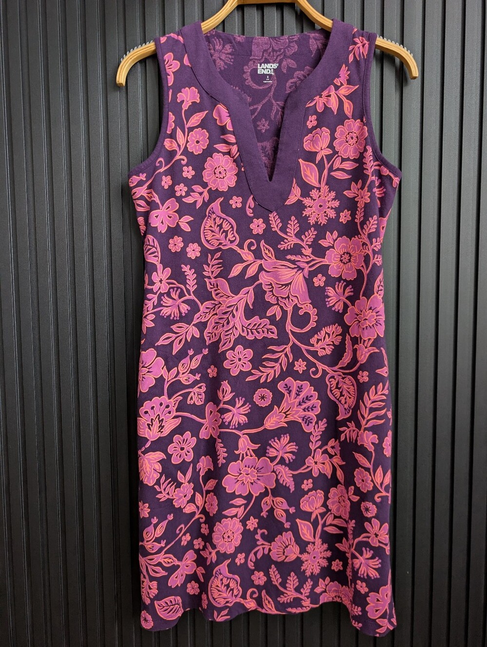 Lands' End 100% Cotton Floral Sleeveless Dress Purple | Small (6-8)